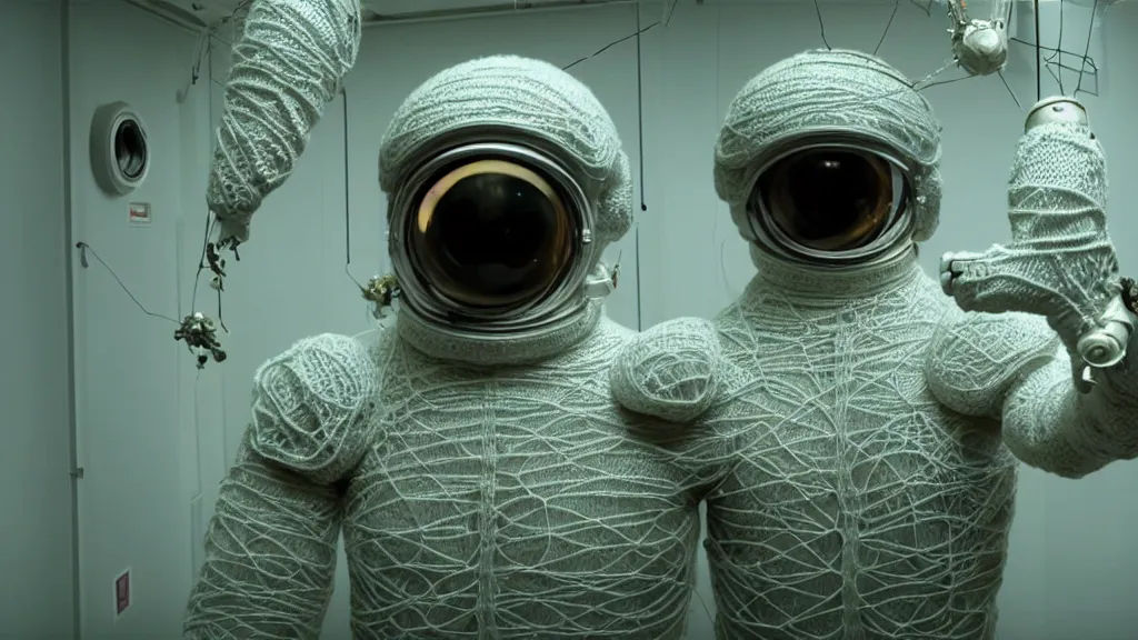 Image similar to a cybernetic symbiosis of a single astronaut eva suit made of wearing knitted yarn thread infected with diamond 3d fractal lace iridescent bubble 3d skin covered with insectoid compound eye camera lenses floats through the living room, film still from the movie directed by Denis Villeneuve with art direction by Salvador Dalí, wide lens,