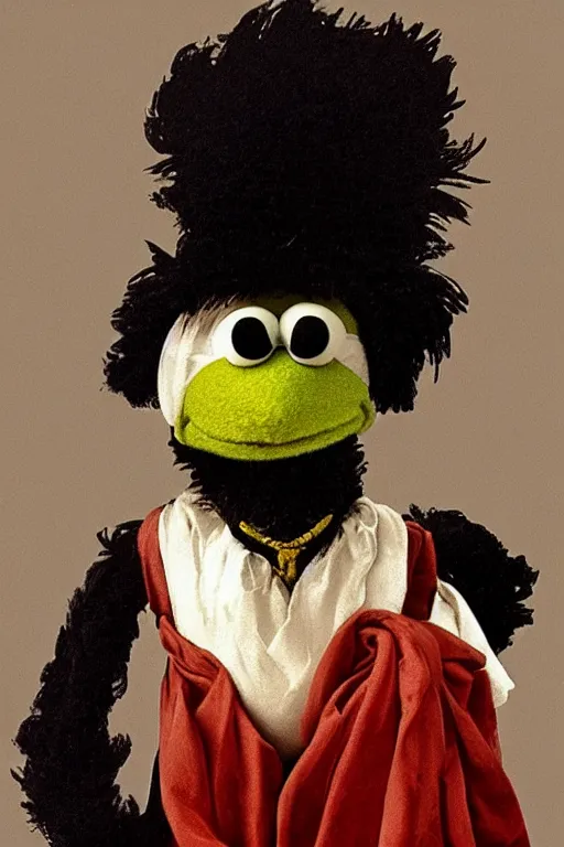 Prompt: a muppet painted by Caravaggio, black background