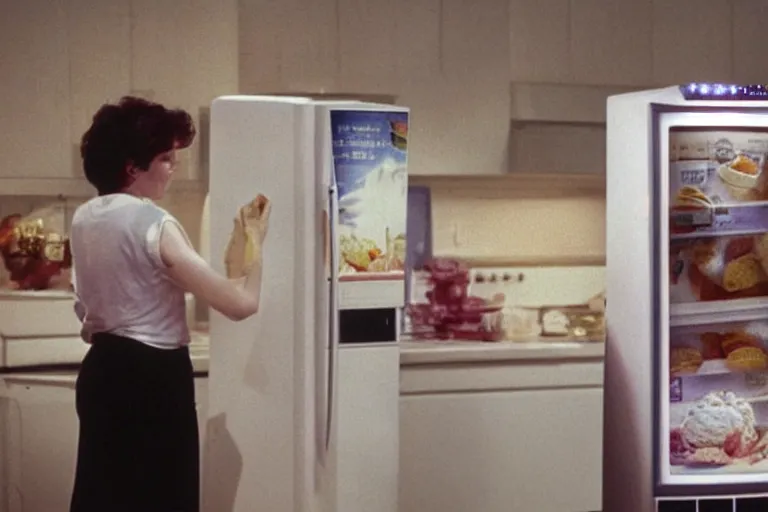 Prompt: an ice cream cone opening a fridge filled with a river, from 1 9 8 5, bathed in the glow of a crt television, crt screens in background, low - light photograph, scene from a jj abrams movie 6 6 6 6 6 6
