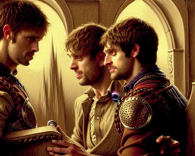Prompt: attractive bradley james as arthur pendragon and attractive colin morgan as merlin go to a pub together to have some drinks, perfect symetrical eyes. highly detailed painting by gaston bussiere, craig mullins, j. c. leyendecker 8 k