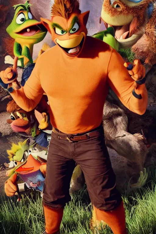 Image similar to Chris Pratt as Crash Bandicoot, set photograph, cover of Vogue