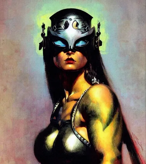 Image similar to portrait of strong female chaos angel, beautiful! coherent! by frank frazetta, by brom, strong line, vivid neon color, spiked metal armor, iron helmet maximalist