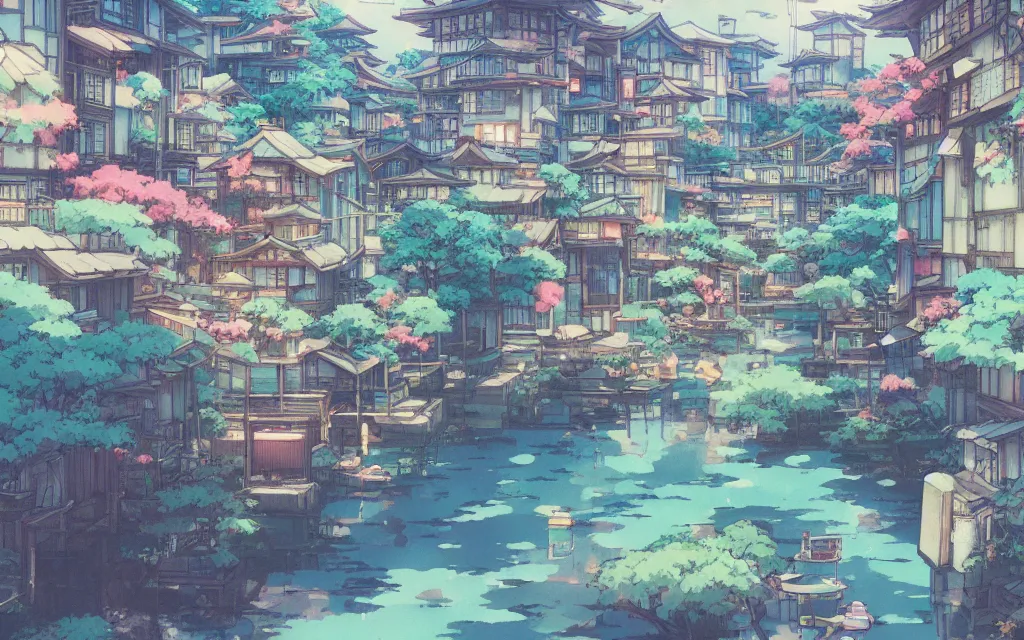 Image similar to a japanese city near the sea, lofi, dreamy, moody, very colorful, anime inspiration, ghibli vibe