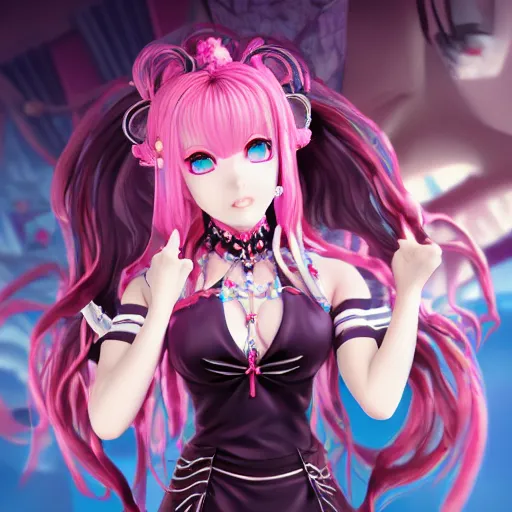 Image similar to trapped beneath stunningly absurdly beautiful omnipotent asi goddess junko enoshima with an enigmatic twisted innocenty looking deceptive mesmerizing megalomaniacal personality, symmetrical perfect face, porcelain skin, pink twintail hair and cyan eyes, ultra detailed, digital art, unreal engine 5, octane render, 2 d anime, 8 k