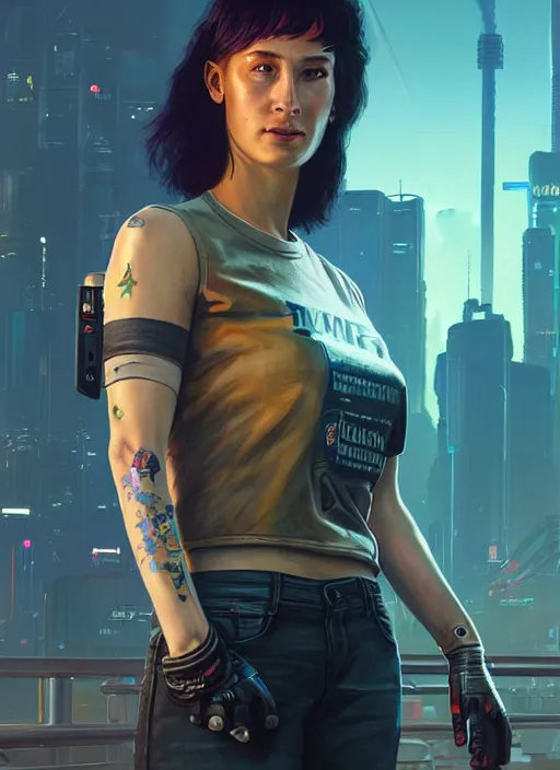 Image similar to portrait of a female truck driver as a character in Cyberpunk 2077, looking at camera, intricate, elegant, sci-fi, extremely detailed, digital painting, artstation, concept art, smooth, sharp focus, illustration, ambient lighting, incredible art by artgerm and greg rutkowski and alphonse mucha and simon stalenhag