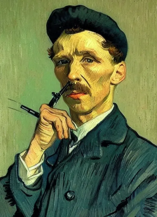 Image similar to lifelike oil painting portrait of sherlock holmes by van gogh