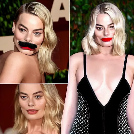 Prompt: margot robbie with a mustache, pimp suit and cane