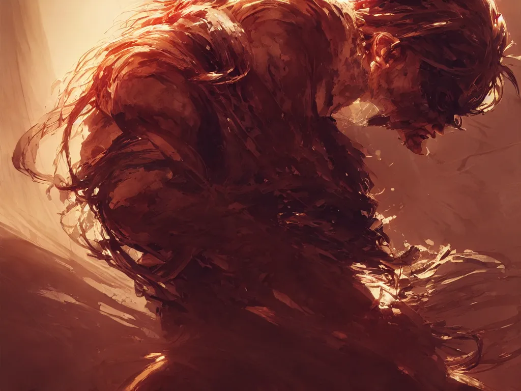 Image similar to a monsterish ninja warrior, flowing backlit hair, character closeup, beautifully designed character, award winning collaborative painting by geg ruthowski, alphonse murac, craig mullins, ruan jia, wlop, yoji shinkawa, collaborative artwork, exquisitely high quality and detailed