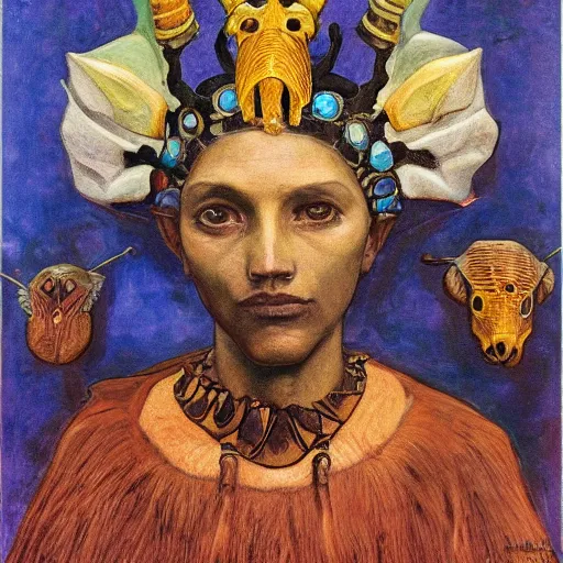 Prompt: the bone crown, by Annie Swynnerton and Nicholas Roerich and Diego Rivera, dark skin, elaborate costume, iridescent beetles, geometric ornament, rich color, dramatic cinematic lighting, smooth, sharp focus, extremely detailed