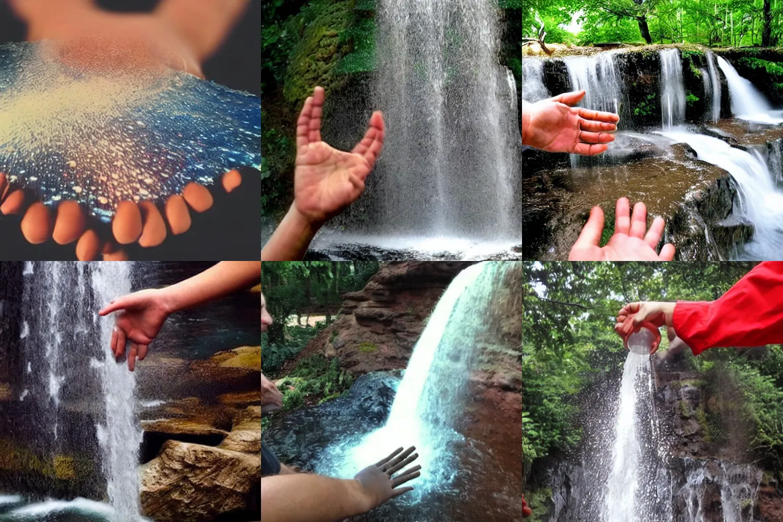 Prompt: human hands cupping a waterfall made from the universe.
