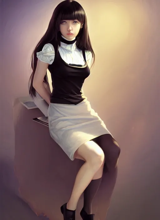 Image similar to portrait of a full body of beautiful young female secretary, d & d, sleeveless turtleneck, pencil skirt, fantasy, flat lighting, intricate, highly detailed, digital painting, artstation, concept art, smooth, sharp focus, illustration, misa amane, art by simon bisley and greg rutkowski and alphonse mucha, natural tpose