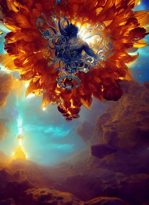 Image similar to flowers within the whole infinite capsule apparent with awe the apparition, an idea seep's into infinity highly detailed in volumetric latent space, golden turquoise steampunk, high contrast cinematic light, mystical shadows, sharp focus, divine realm of gods, octane render, artist by boris vallejo,