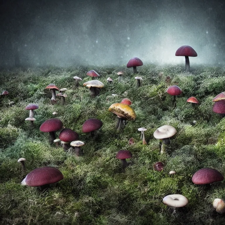 Image similar to a planet of various fungus, mushrooms and plants, inside the picture is infinity, Atmospheric phenomenon, artistic photography, muted colors, conceptual, long exposure outside the city, volumetric light