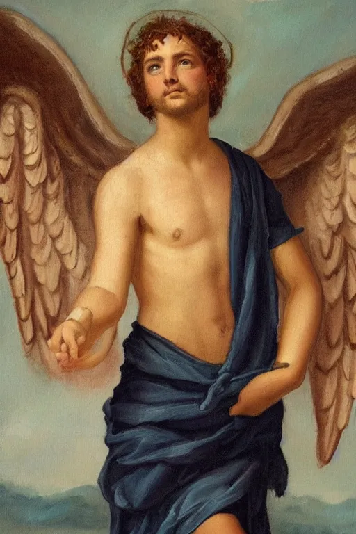 Prompt: sad. clothed male angel. SFW. wearing a toga. oil painting. Sharp focus. masterpiece. masterwork. Award winning.