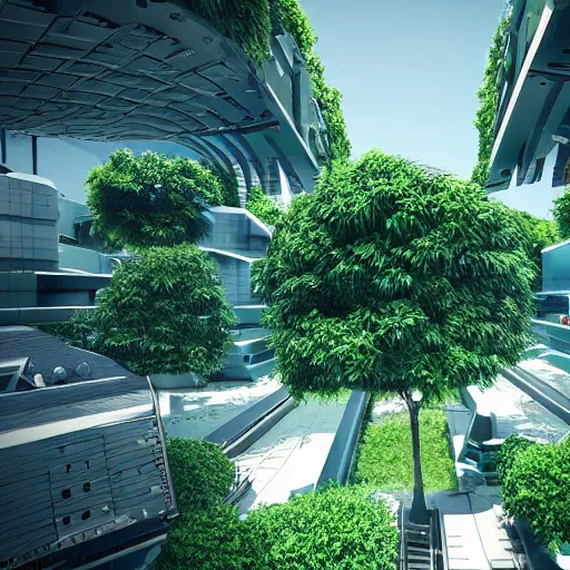 Prompt: sci fi architecture modern design, detailed, greens, blue colors, trees, people, octane render.