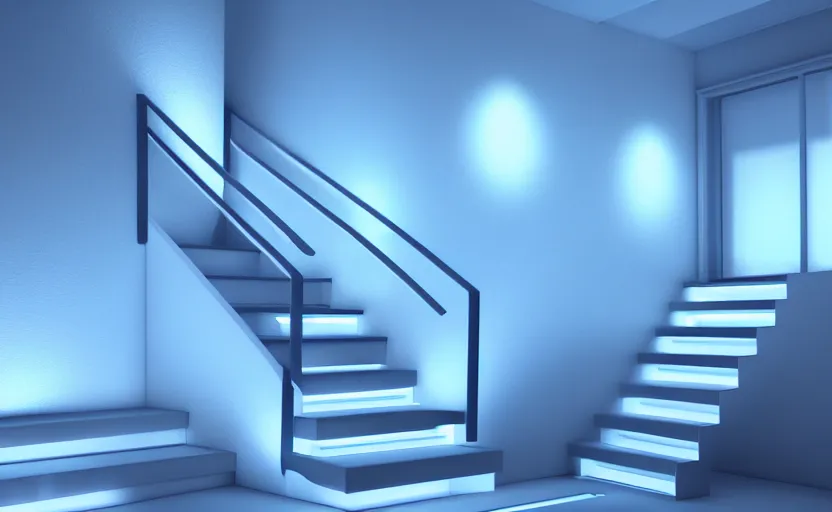 Prompt: stairs with soft blue lights in the roof, octane render, artstation trending, highly detailded