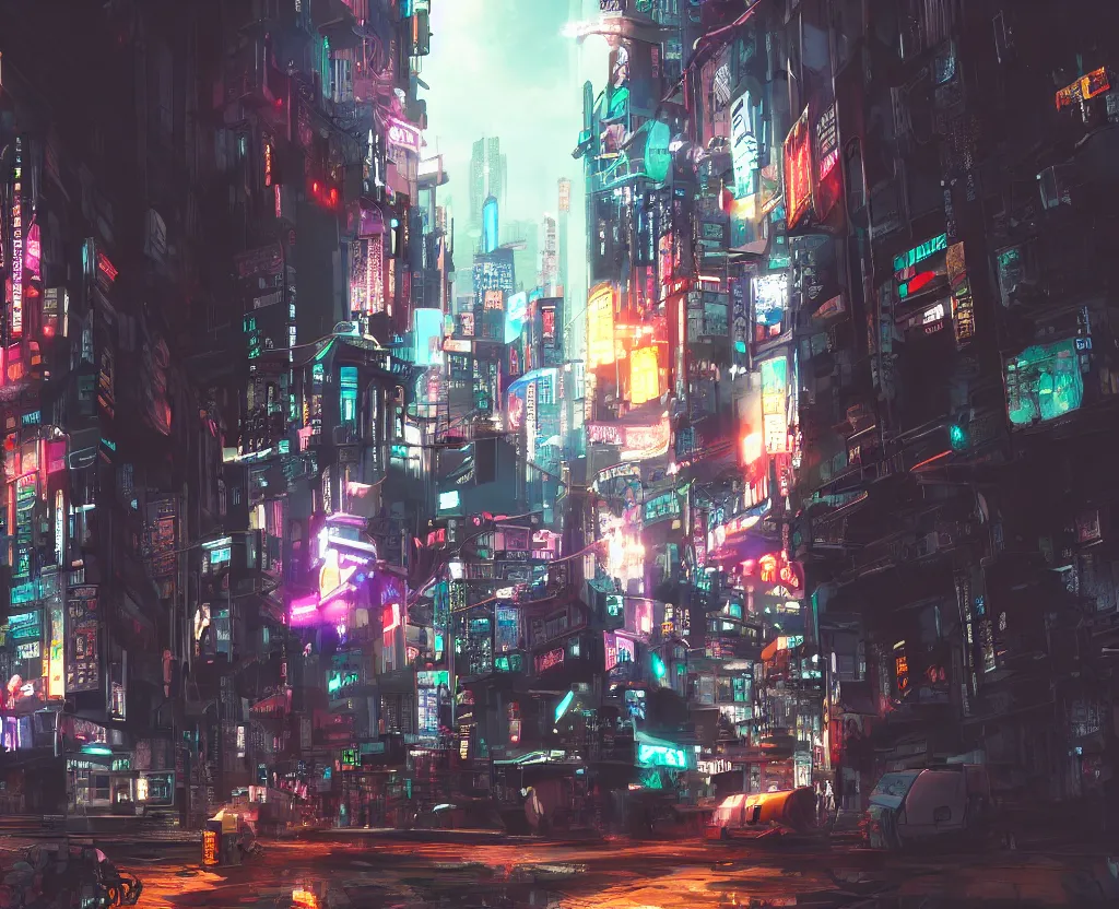 Prompt: cyberpunk city street wide angle view, tokyo, volumetric lighting, fight happening, trending artstation, concept painting,