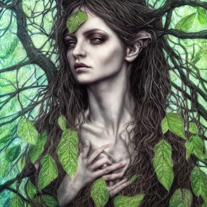 Image similar to female dryad, dark forest, surreal, nature, light shining through, hyper - realistic, highly detailed, sharp focus, smooth, intricate, marilena mexi style