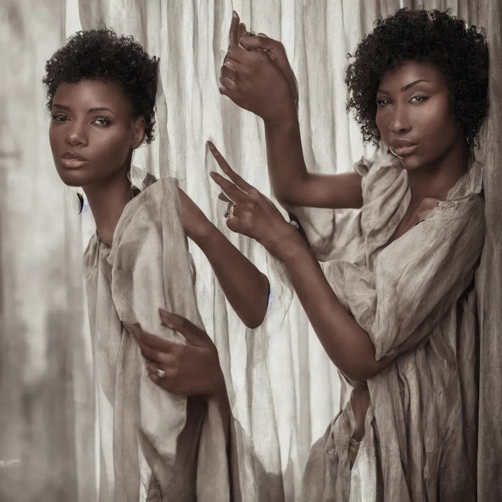 Prompt: photorealistic photo portrait of beautiful black woman standing next to a window,