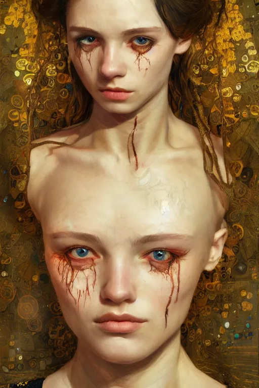 Image similar to portrait of beautiful young maiden, warhammer, cyberpunk, a lot of scars, readhead, the future ages, highly detailed, artstation, illustration, art by gustav klimt, 8 k quality