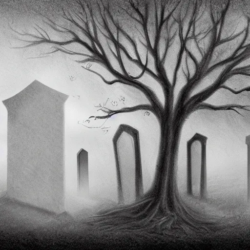 Image similar to an endless eerie graveyard with ancient tombstones, misty, strands of fog, catacomb in background, frame is flanked by dark trees, creepy, night, finely detailed black and white pencil drawing