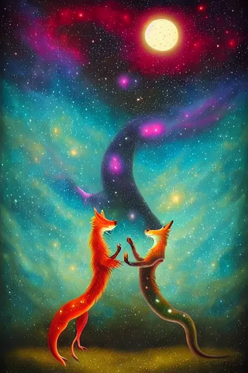 Image similar to surreal hybrid dragon and fox, Dream, magic realism, flowerpunk, mysterious, a midnight sky of nebula and starry space, vivid colors, by andy kehoe, amanda clarke