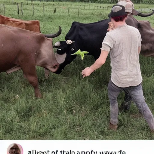 Prompt: aliens kidnapping cows but they've been spotted by a farmer and it got really embarrassing