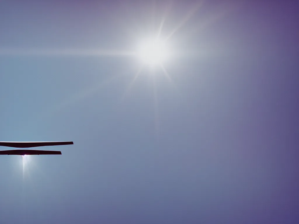 Prompt: a blurry image of a plane flying in the sky, an ambient occlusion render by ronnie landfield, pexels, objective abstraction, anamorphic lens flare, velvia, matte background