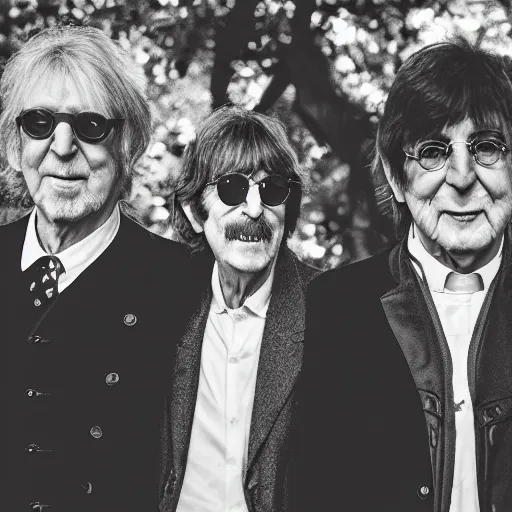 Prompt: old john lennon, george harrison, paul mccartney, ringo starr at age 9 0 years old, color ( sony a 7 r iv, symmetric balance, polarizing filter, photolab, lightroom, 4 k, dolby vision, photography award ), vogue, perfect face