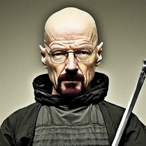 Image similar to walter white from breaking bad wearing knight armor and holding a sword, 4 k, hyper realistic