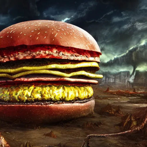 Prompt: a giant hamburger in an eldritch apocalyptic landscape covered in monstrosities by bekinski, fantasy art, 4k, HDR, photorealistic, 8k, trending on artstation