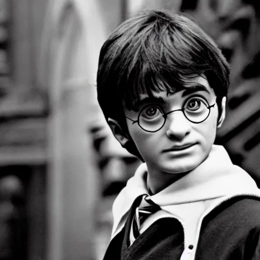 Prompt: 35mm photo of harry potter black and white