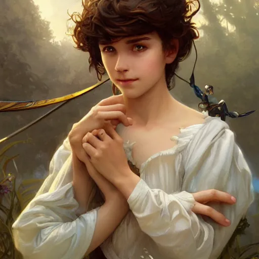 Prompt: young boy, song of peter pan and captain hook, gorgeous, amazing, feminine, elegant, intricate, highly detailed, digital painting, artstation, concept art, sharp focus, illustration, art by artgerm and greg rutkowski and alphonse mucha