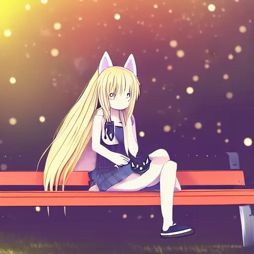 Prompt: picture of an anime girl with cat ears and long blond hair looking to her side, sitting on a bench with a park behind her, bokeh, anime art style, highly detailed, cartoon, cel - shaded, colorful, animated, trending