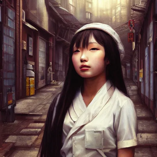 Prompt: a perfect, realistic professional oil painting in classicism style, of a Japanese schoolgirl posing in a dystopian alleyway, close-up, by a professional American senior artist on ArtStation, a high-quality hollywood-style concept