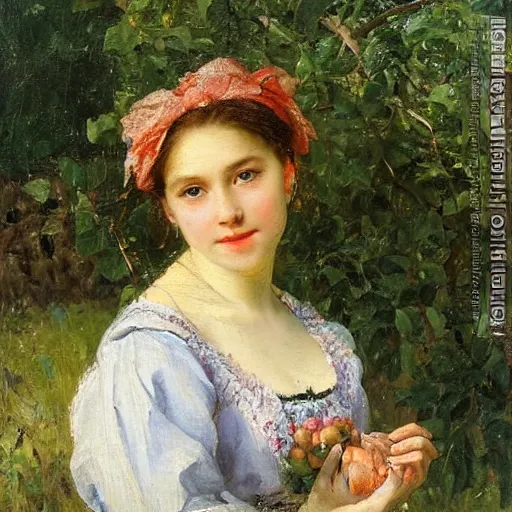 Image similar to portrait of a young woman outside in an orchard, painted by nikolay makovsky, detailed