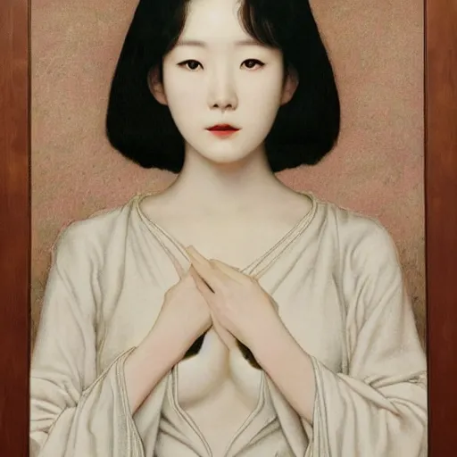 Image similar to Lee Jin-Eun by Edward Okuń, rule of thirds, seductive look, beautiful