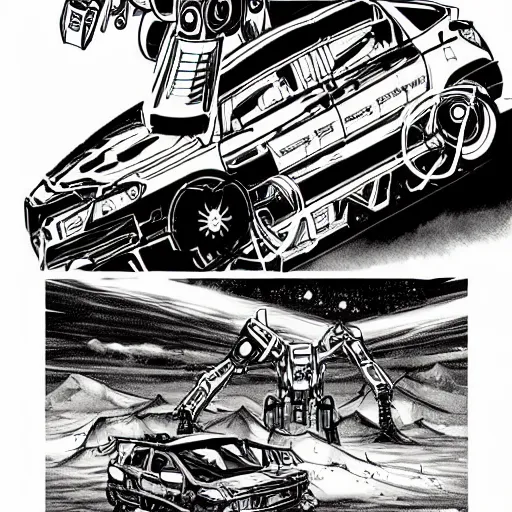 Image similar to beautiful detailed comic illustration of an evil robot mecha dinosaur destroying a subaru impreza cyberpunk, neon