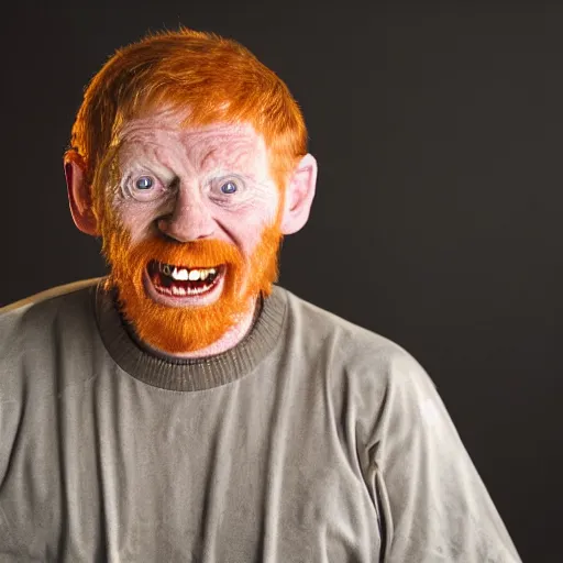 Image similar to photo of a 5 0 year old ginger men with rotten teeth, ugly appearance, dark room with a tv background, 8 5 mm, f / 1. 3