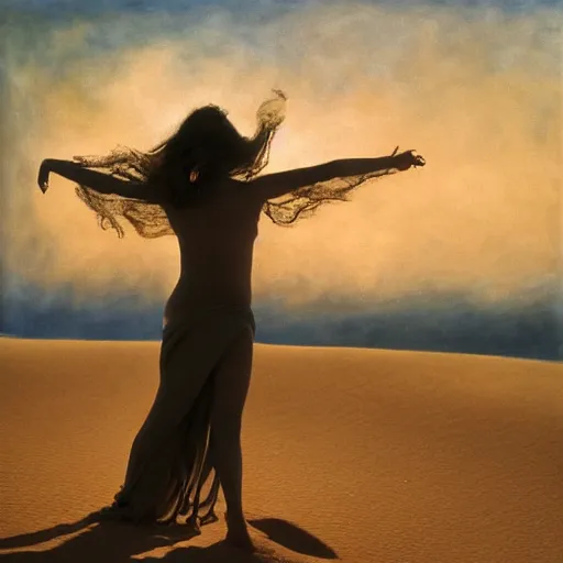 Image similar to filmstill photography of female body sulhouette covered with curly white translucent blanket blowing in wind, acrylic liquid colors, luxurious supermodel photoshooting, golden jewelry, bokeh, godrays, strong wind, wrinkles, sunrays, sunset, lens flares, monet, painting by renoir, cold colors, sand dunes, fresco by michaelangelo, art noveau