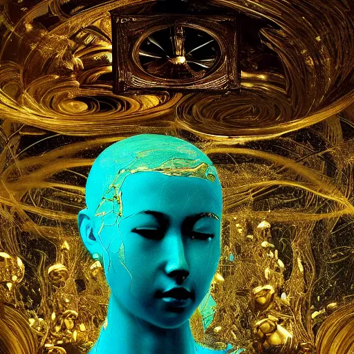 Image similar to art by camille corot, zeng fanzhi, teal chinese abstract shattered statue of beautiful female body and golden glue dripping acrylic portrait, volumetric light, highly detailed ornaments, mechanical superstructure, sacred geometry, glowing edges, sad, hurt, beautiful light, statue of carving marble, intricate 8 k render, dark mood, cinematic light, golden spirals, clockwork