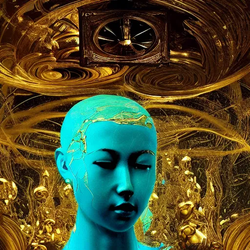 Prompt: art by camille corot, zeng fanzhi, teal chinese abstract shattered statue of beautiful female body and golden glue dripping acrylic portrait, volumetric light, highly detailed ornaments, mechanical superstructure, sacred geometry, glowing edges, sad, hurt, beautiful light, statue of carving marble, intricate 8 k render, dark mood, cinematic light, golden spirals, clockwork