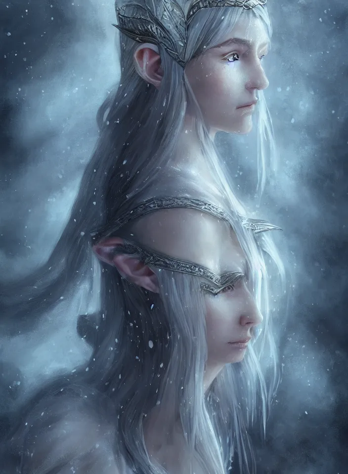 Image similar to a closeup portrait of an elven sorceress from skyrim wearing a white dress, fantasy setting, cold environment, serene colors, soft lighting, atmospheric, cinematic, moody, in the style of diego koi, gina heyer, luiz escanuela, art by alyssa monk, depth, hyperrealism, rule of thirds, golden ratio, oil on canvas, 8 k