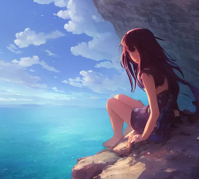 Image similar to a girl sitting on a cliff overlooking the sea. Atmospheric lighting, sunset, blue sea. By Makoto Shinkai, Stanley Artgerm Lau, WLOP, Rossdraws, James Jean, Andrei Riabovitchev, Marc Simonetti, krenz cushart, Sakimichan, trending on ArtStation, digital art.