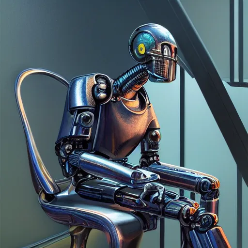 Prompt: realistic extremely detailed photo style portrait painting of a chrome robot, siting in a chair, moebius, brom, ian miller, moody vibrant colors, octane render, 4k