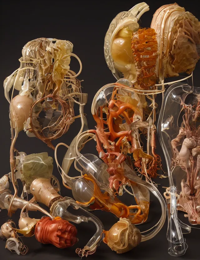 Image similar to a well - lit studio photograph of various earth - toned plastic translucent artificial hearts and organs, some wrinkled resembling reddish brown plastic cabbage, some long, various sizes, textures, and transparencies, beautiful, smooth, layered detailed, intricate art nouveau internal anatomy model, encased in clear plastic