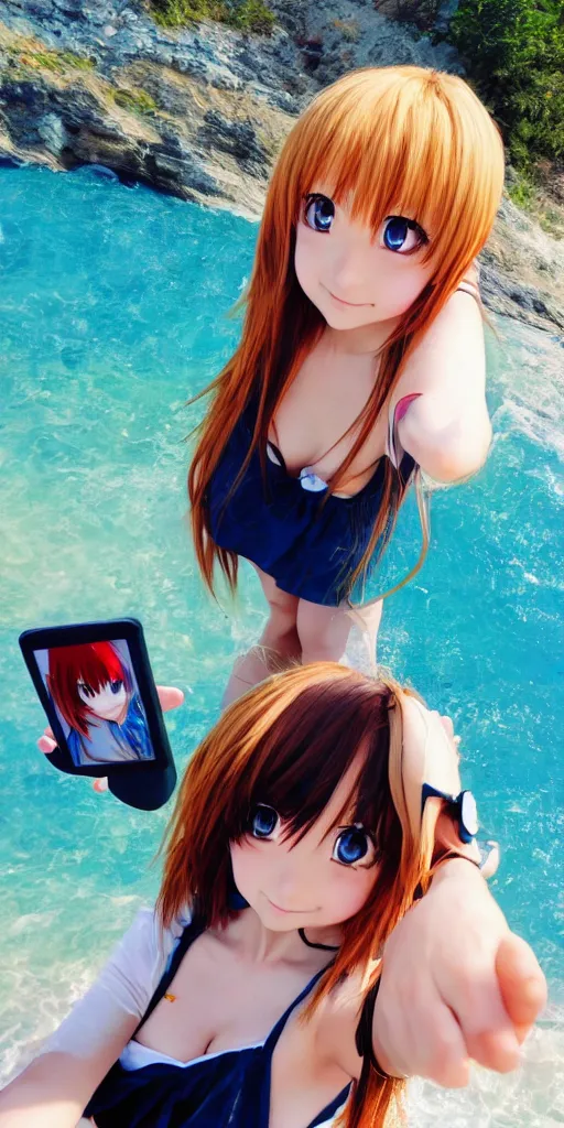 Image similar to anime girl selfie at the beach, anime