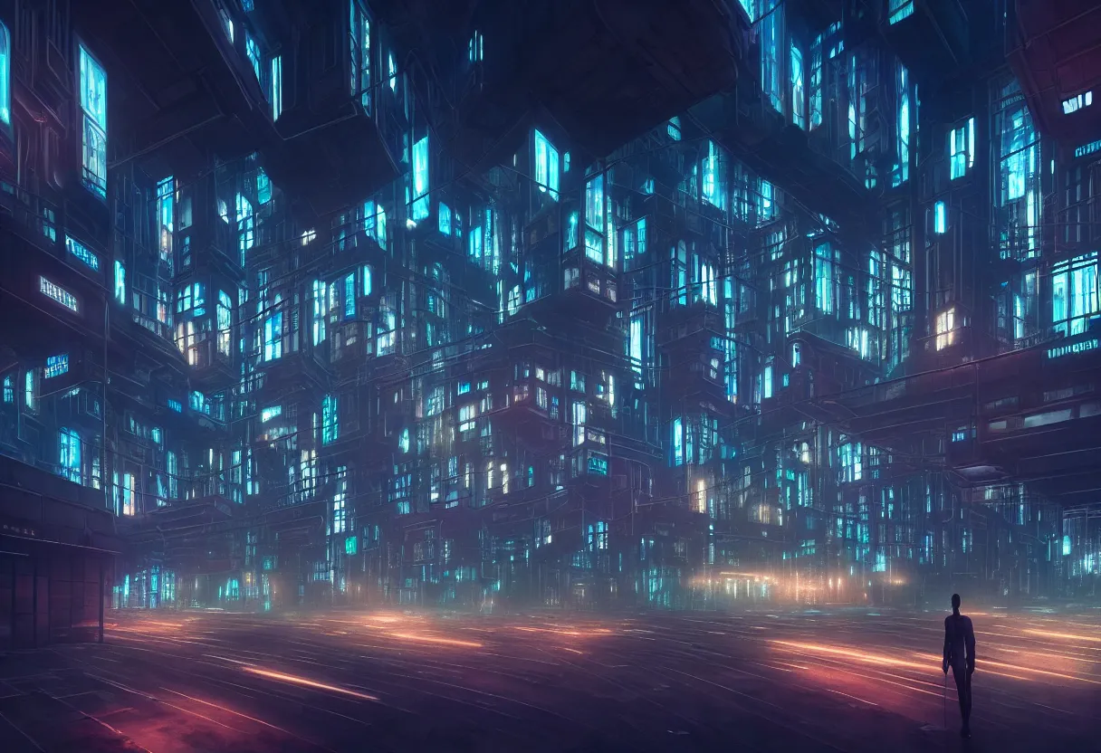 Prompt: inside of dystopian future cityscape with hundreds of illuminated windows and signs, of human mind and imagination, matte painting, beautiful render, octane render, concept art