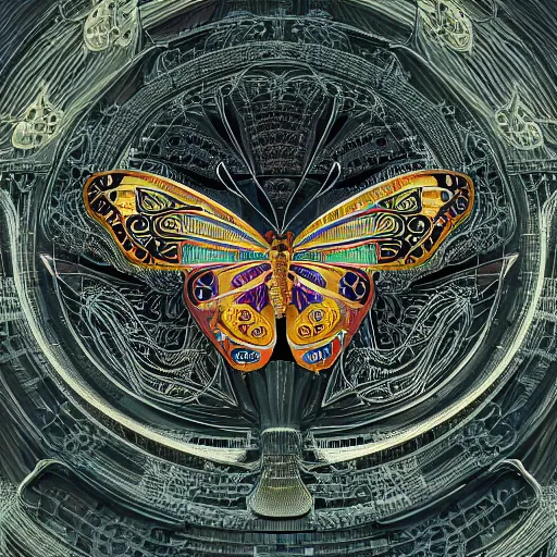 Prompt: wonderful mechanical butterfly of fractals and patterns flying around a nuclear power plant, hyper detailed, intricate and detailed, ornate 8 k gorgeous intricate detailed, octane render, by sc escher, gustav klimt, egon schiele and hr giger