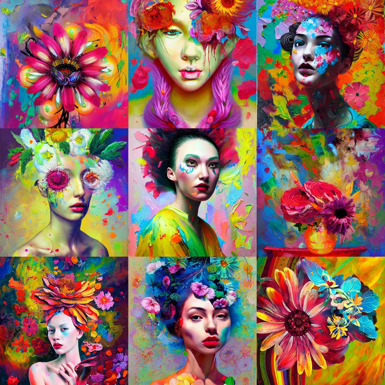 Prompt: flower painting by andrei riabovitchev, tara mcpherson, david choe, detailed painterly impasto brushwork, vivid color palette